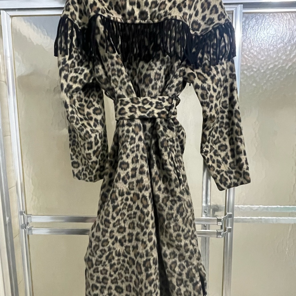 Leopard Print Women's Coat with Fringe